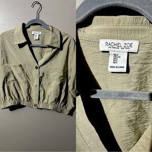 Rachel Zoe Olive/Sage Green Cropped Button-Up Shirt - Size Large